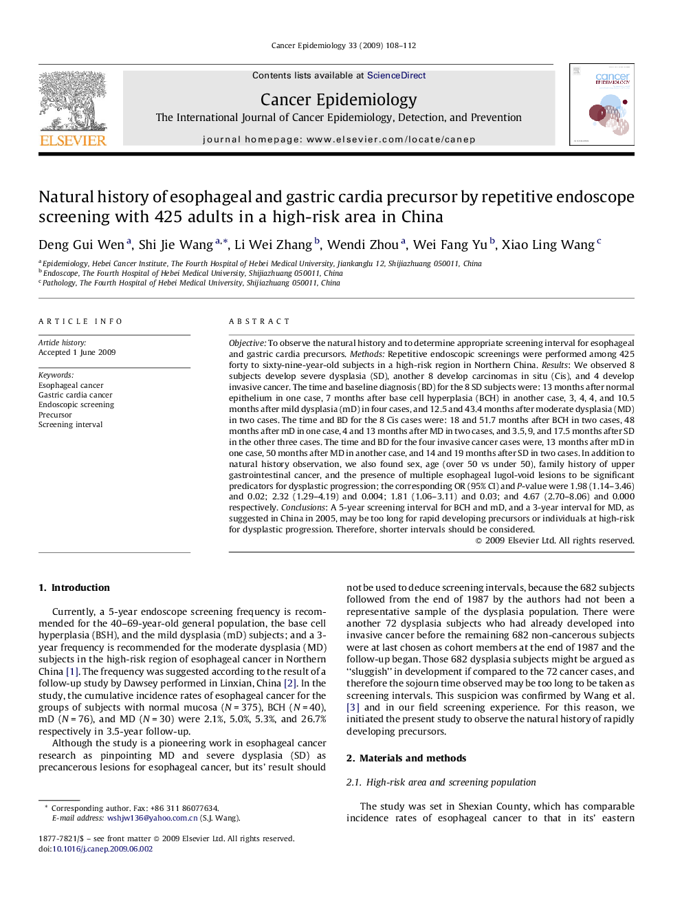 Natural history of esophageal and gastric cardia precursor by repetitive endoscope screening with 425 adults in a high-risk area in China