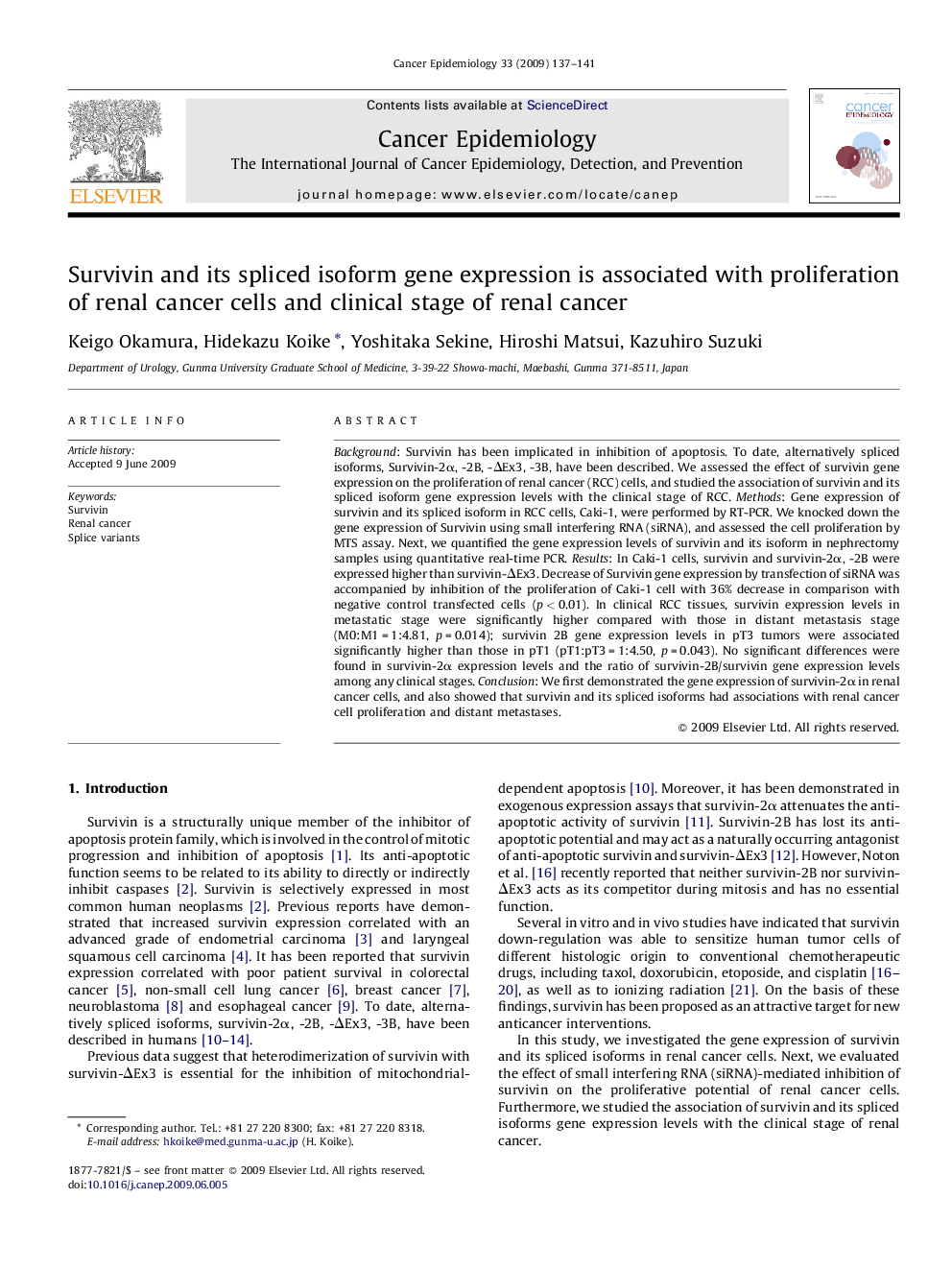 Survivin and its spliced isoform gene expression is associated with proliferation of renal cancer cells and clinical stage of renal cancer