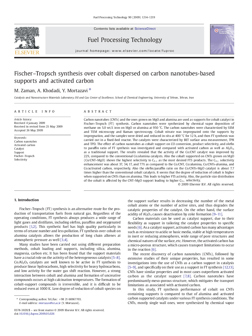 Fischer–Tropsch synthesis over cobalt dispersed on carbon nanotubes-based supports and activated carbon