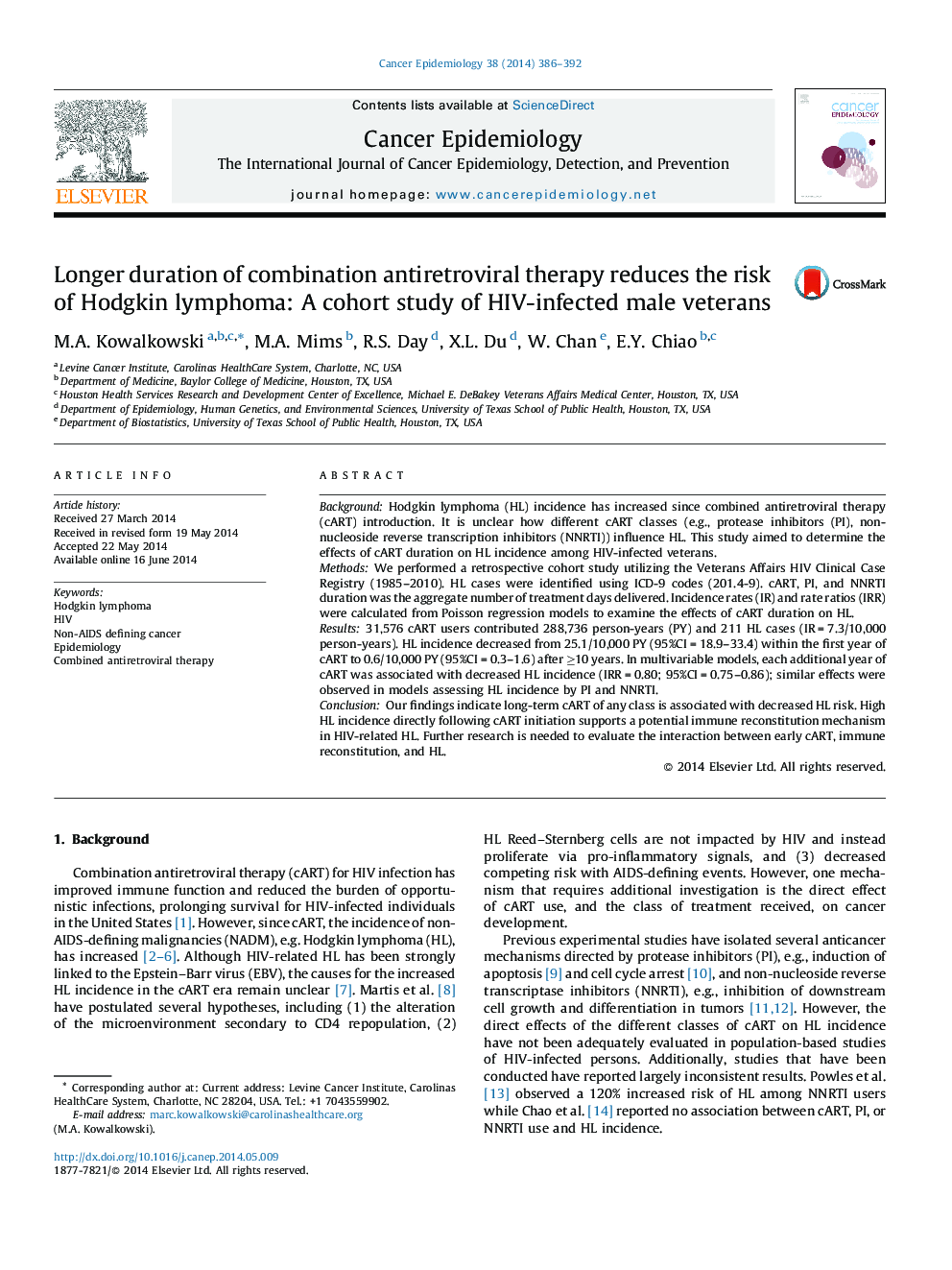 Longer duration of combination antiretroviral therapy reduces the risk of Hodgkin lymphoma: A cohort study of HIV-infected male veterans