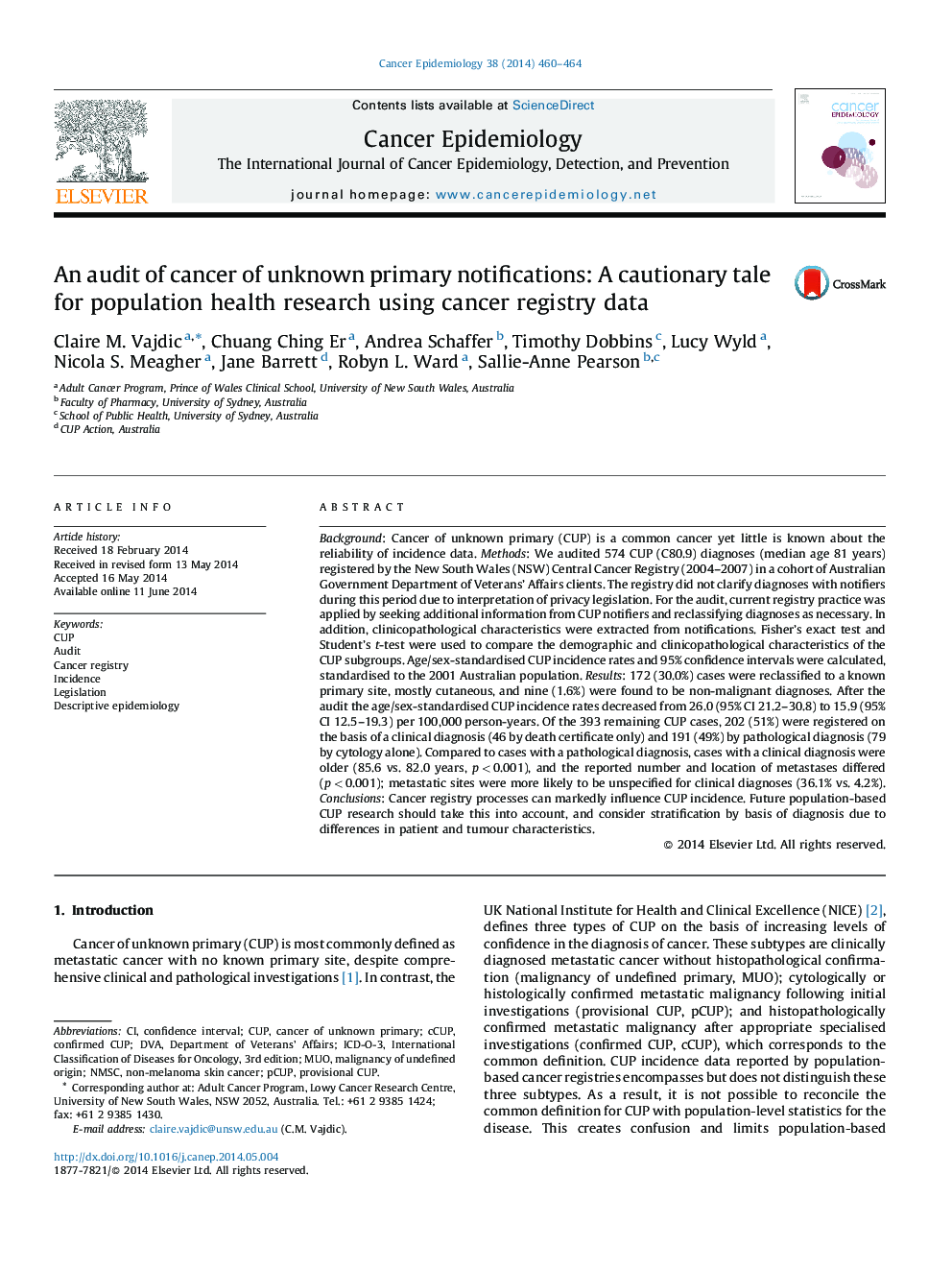 An audit of cancer of unknown primary notifications: A cautionary tale for population health research using cancer registry data