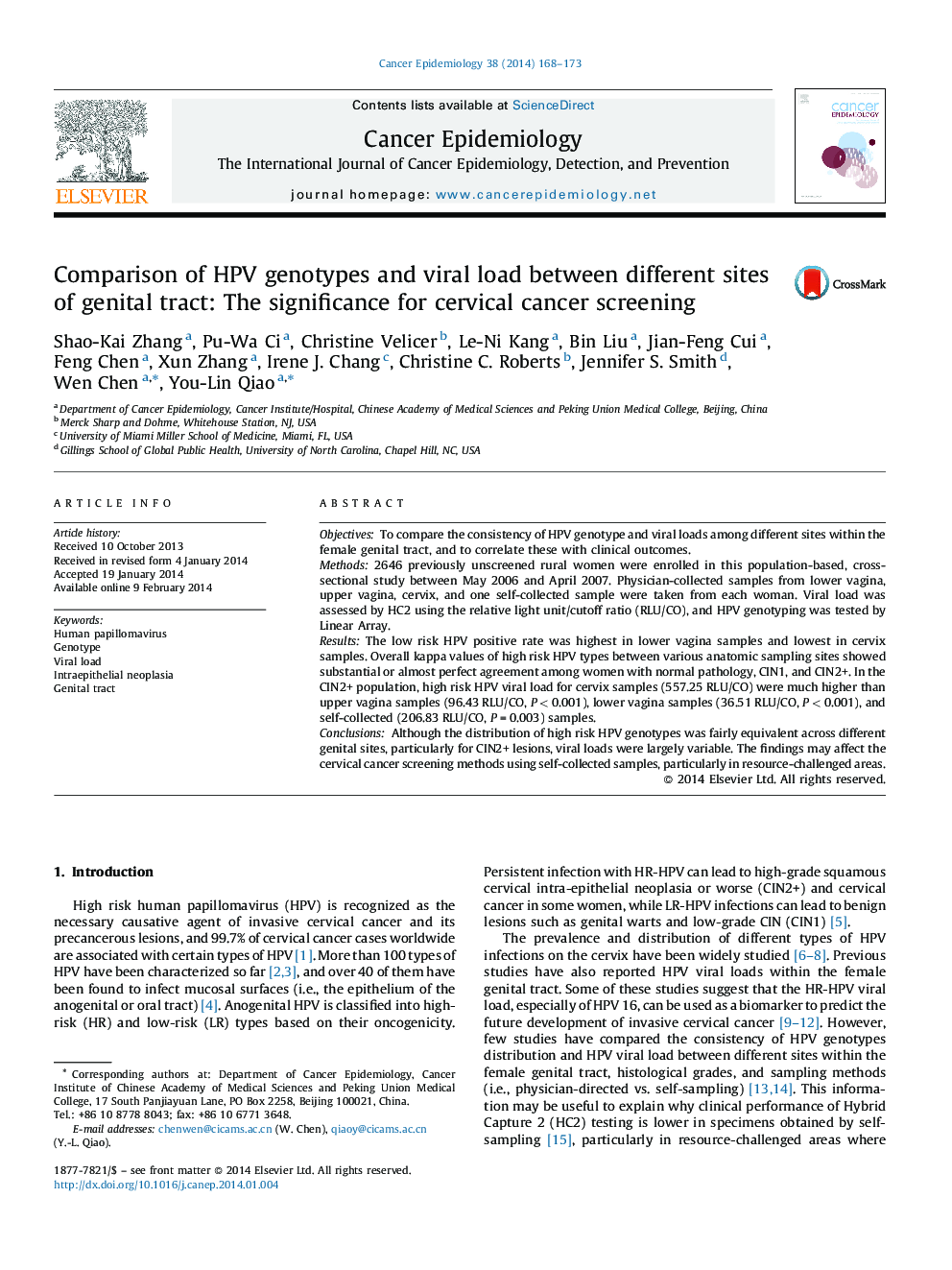 Comparison of HPV genotypes and viral load between different sites of genital tract: The significance for cervical cancer screening