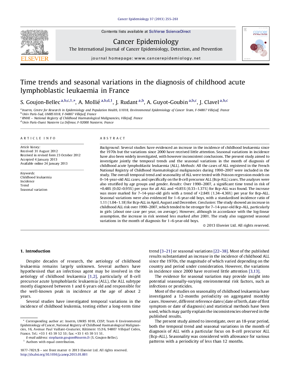 Time trends and seasonal variations in the diagnosis of childhood acute lymphoblastic leukaemia in France