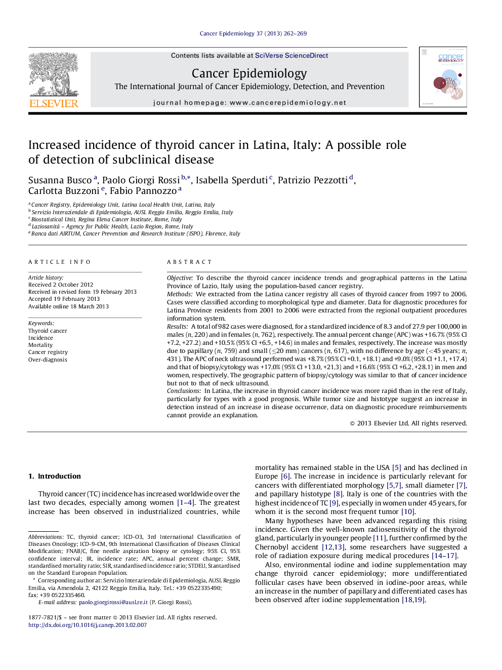 Increased incidence of thyroid cancer in Latina, Italy: A possible role of detection of subclinical disease
