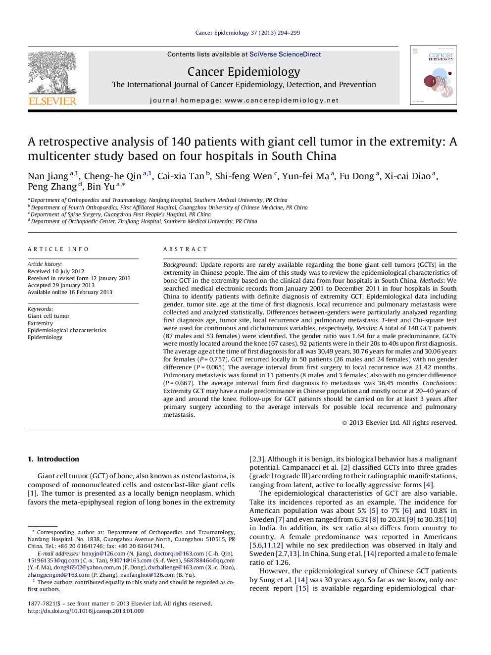 عکس صفحه اول مقاله: A retrospective analysis of 140 patients with giant cell tumor in the extremity: A multicenter study based on four hospitals in South China A retrospective analysis of 140 patients with giant cell tumor in the extremity: A multicenter study based on four hospitals in South China