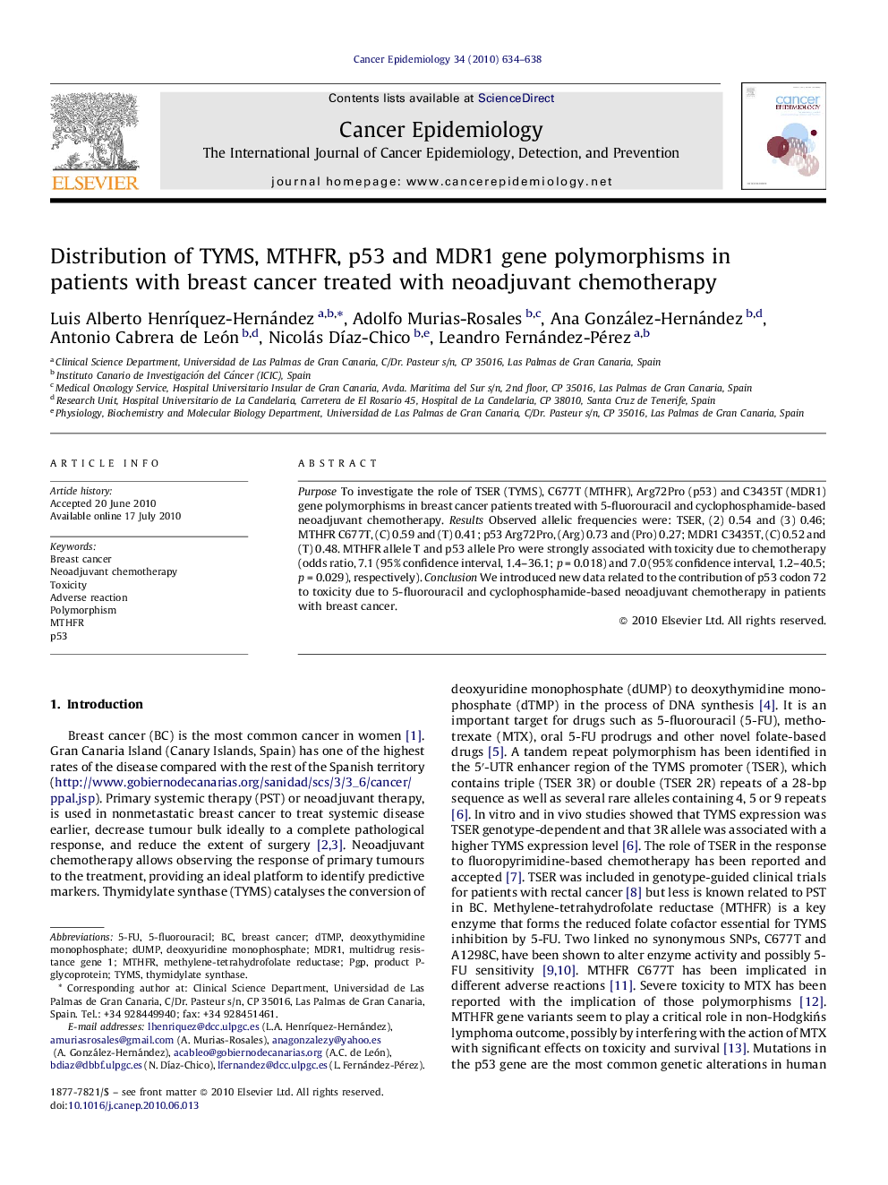 Distribution of TYMS, MTHFR, p53 and MDR1 gene polymorphisms in patients with breast cancer treated with neoadjuvant chemotherapy