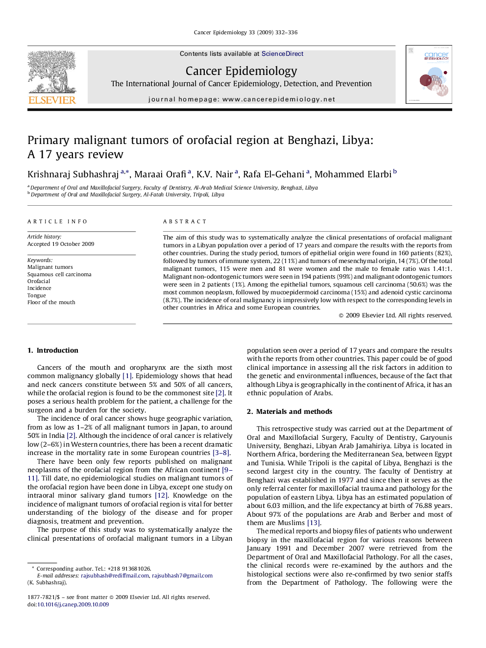 Primary malignant tumors of orofacial region at Benghazi, Libya: A 17 years review