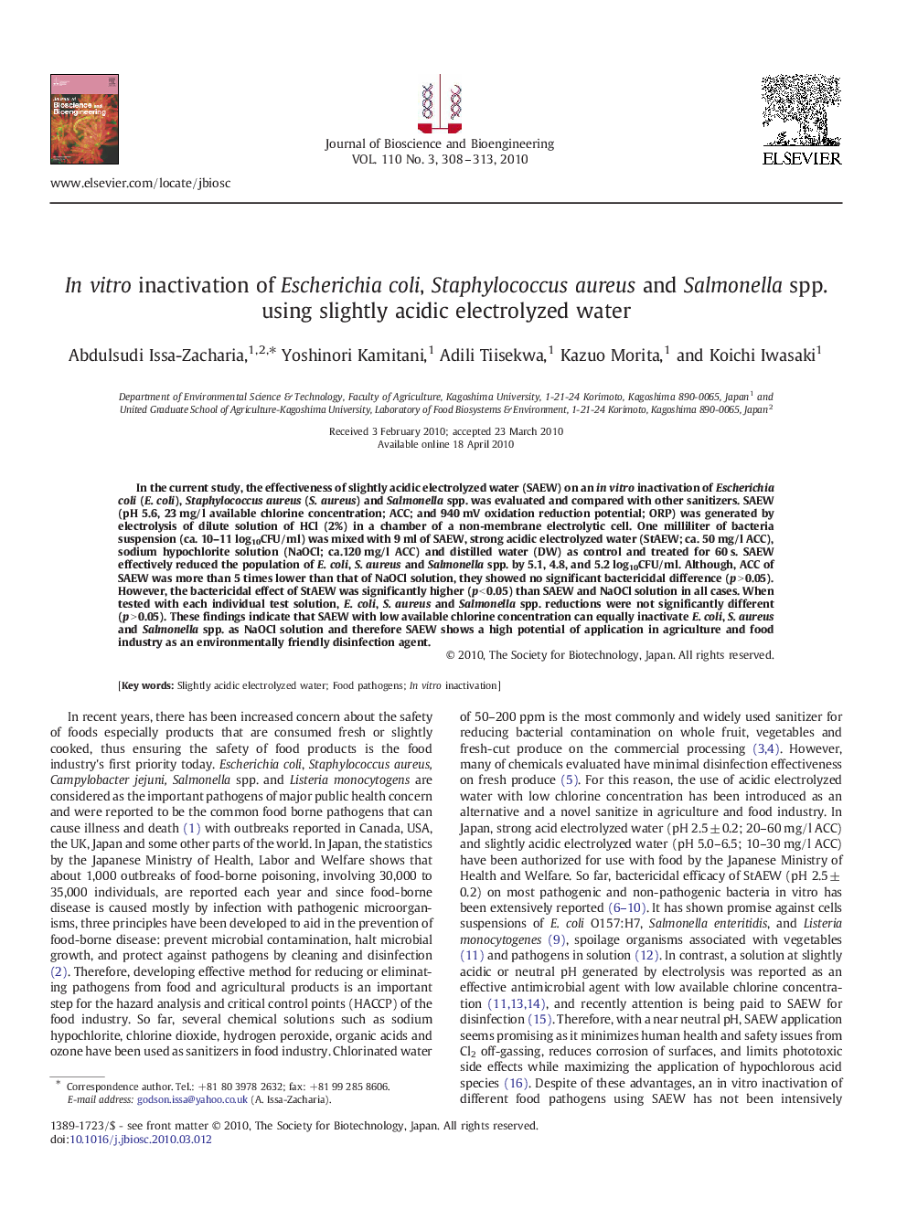 In vitro inactivation of Escherichia coli, Staphylococcus aureus and Salmonella spp. using slightly acidic electrolyzed water