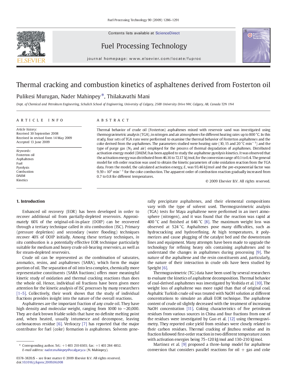 Thermal cracking and combustion kinetics of asphaltenes derived from Fosterton oil