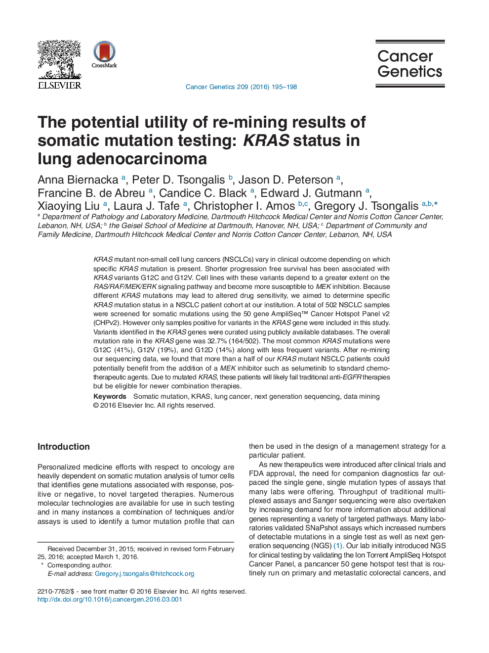 The potential utility of re-mining results of somatic mutation testing: KRAS status in lung adenocarcinoma