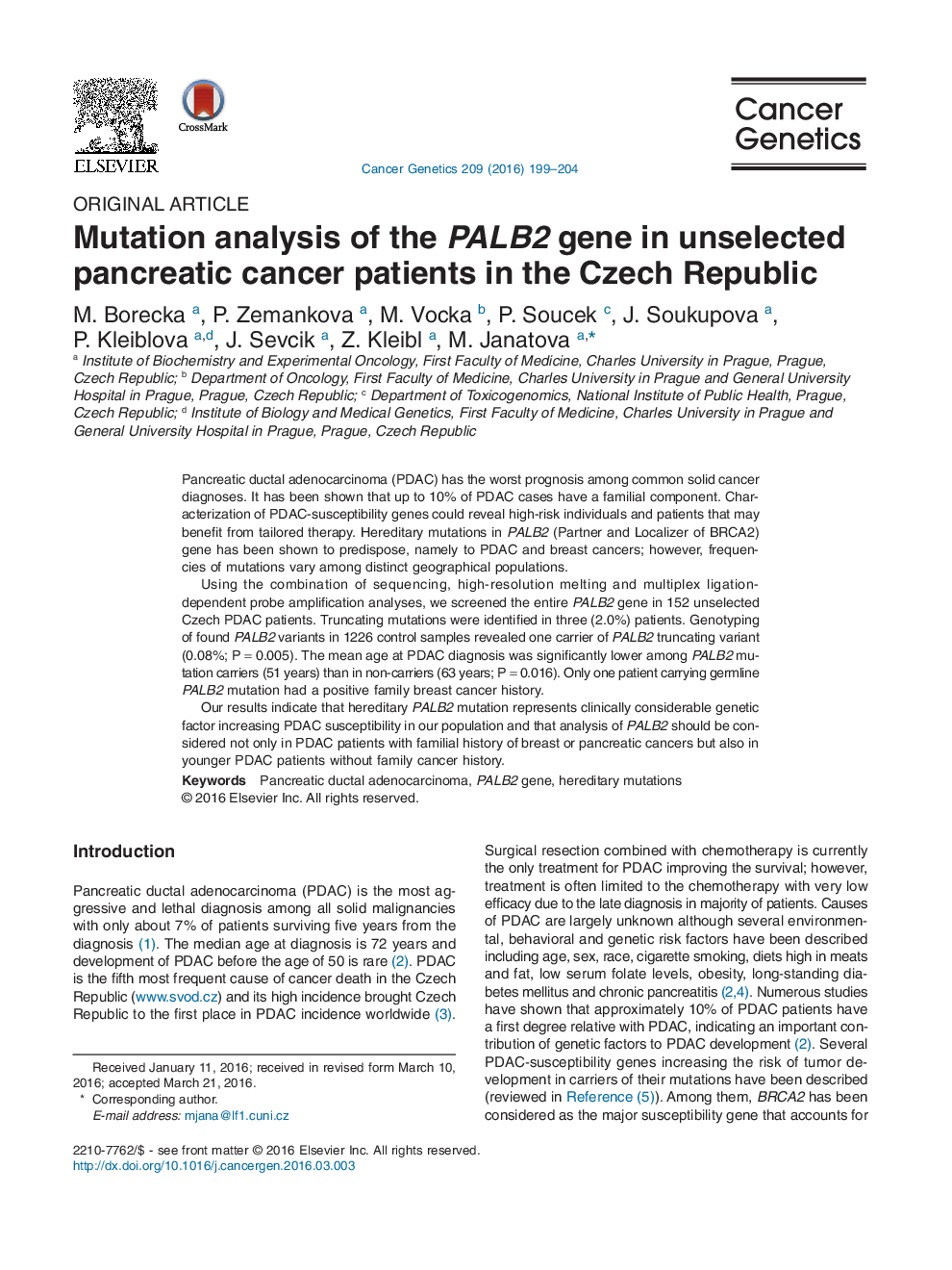 Mutation analysis of the PALB2 gene in unselected pancreatic cancer patients in the Czech Republic