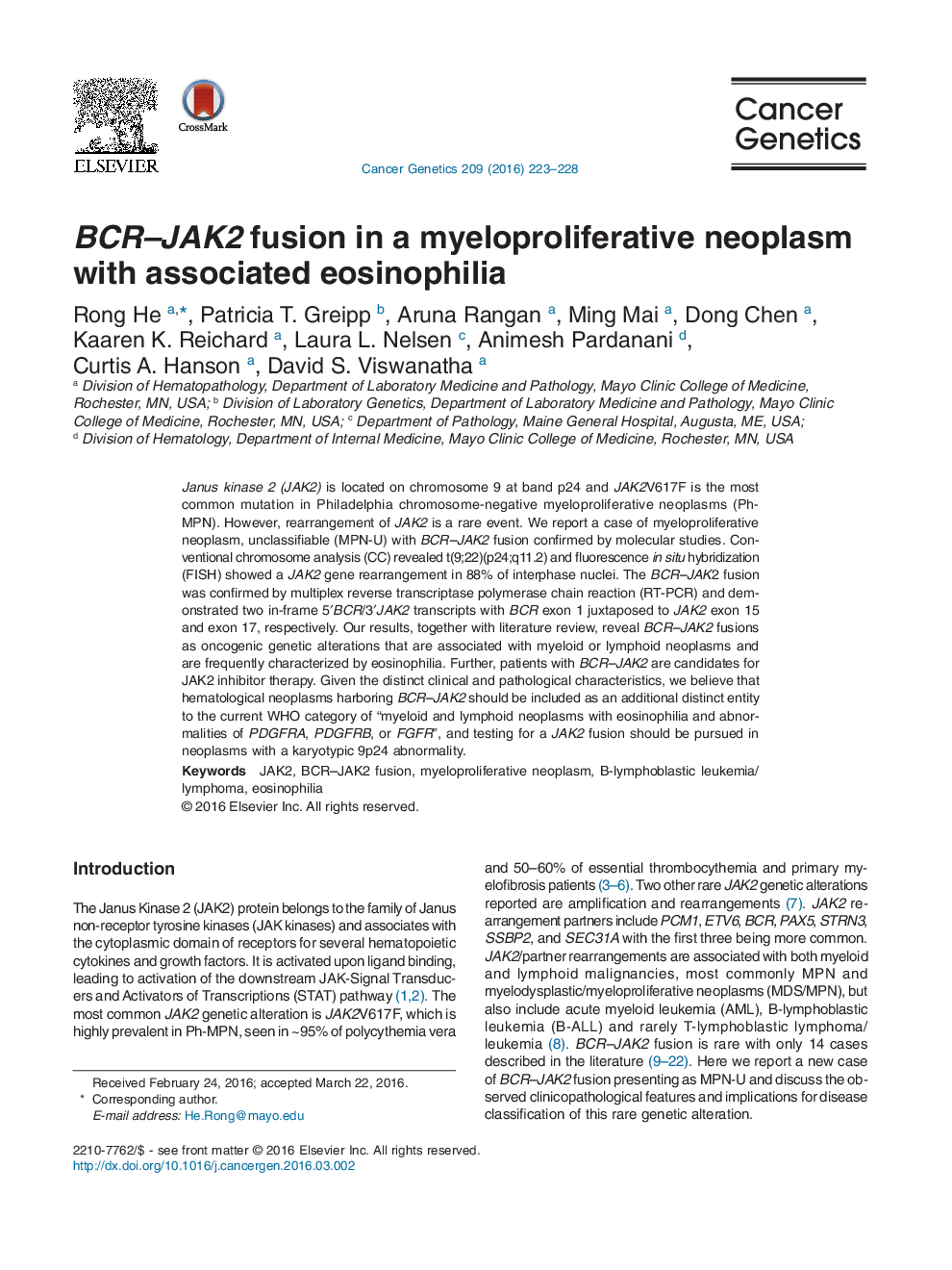 BCR–JAK2 fusion in a myeloproliferative neoplasm with associated eosinophilia