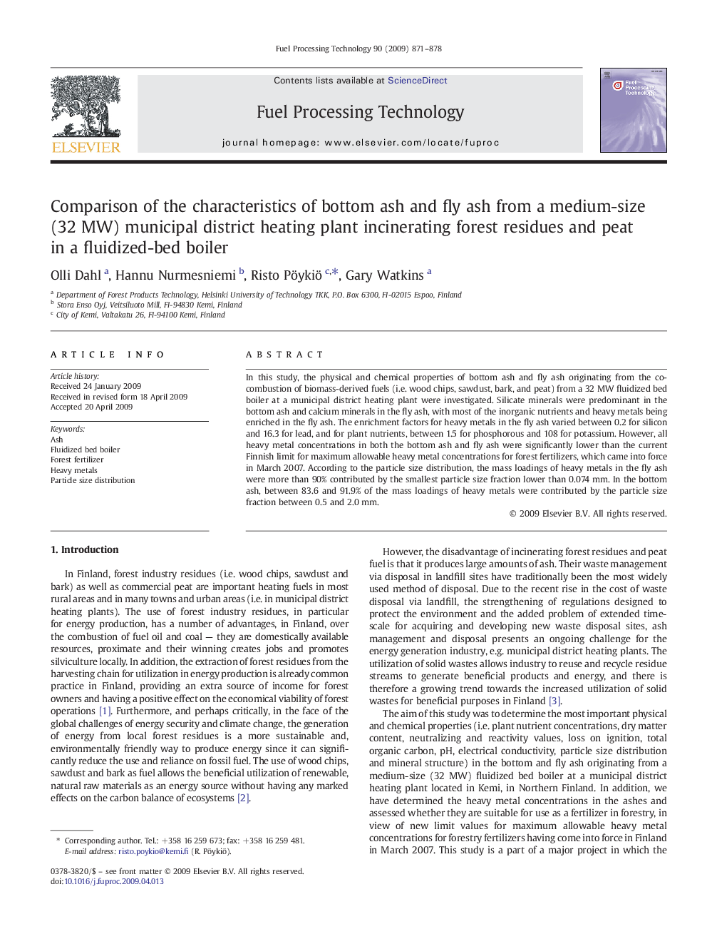 Comparison of the characteristics of bottom ash and fly ash from a medium-size (32 MW) municipal district heating plant incinerating forest residues and peat in a fluidized-bed boiler