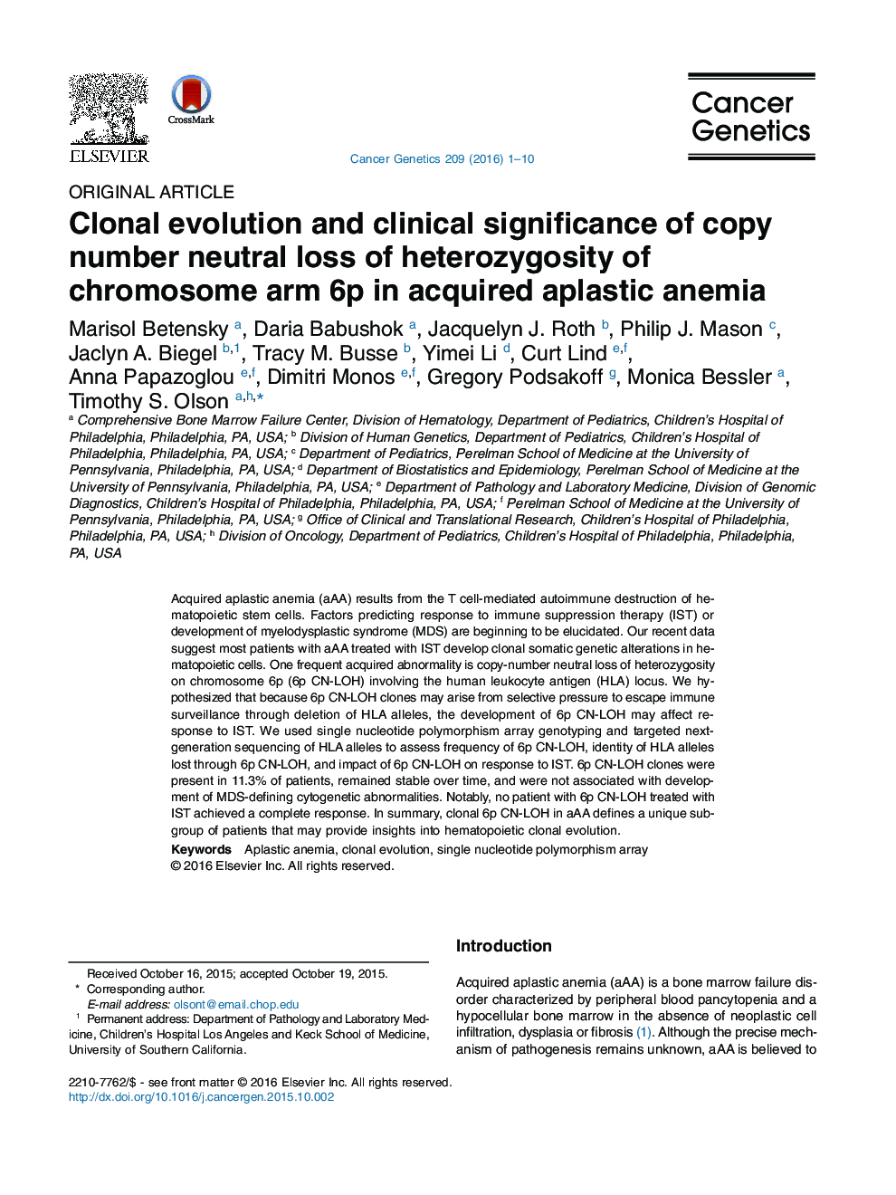 Clonal evolution and clinical significance of copy number neutral loss of heterozygosity of chromosome arm 6p in acquired aplastic anemia