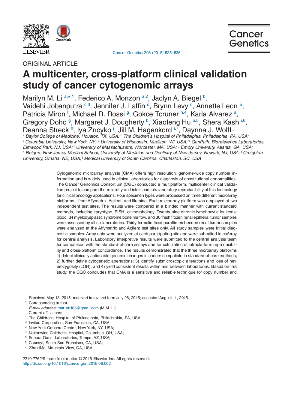 A multicenter, cross-platform clinical validation study of cancer cytogenomic arrays