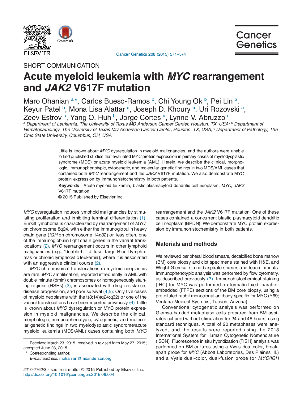 Acute myeloid leukemia with MYC rearrangement and JAK2 V617F mutation