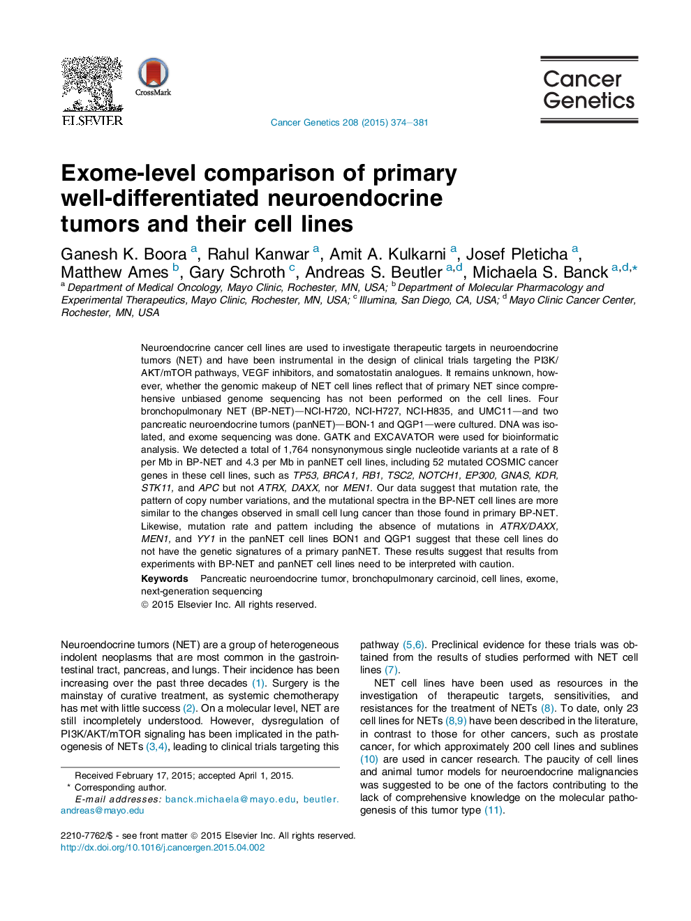 Exome-level comparison of primary well-differentiated neuroendocrine tumors and their cell lines