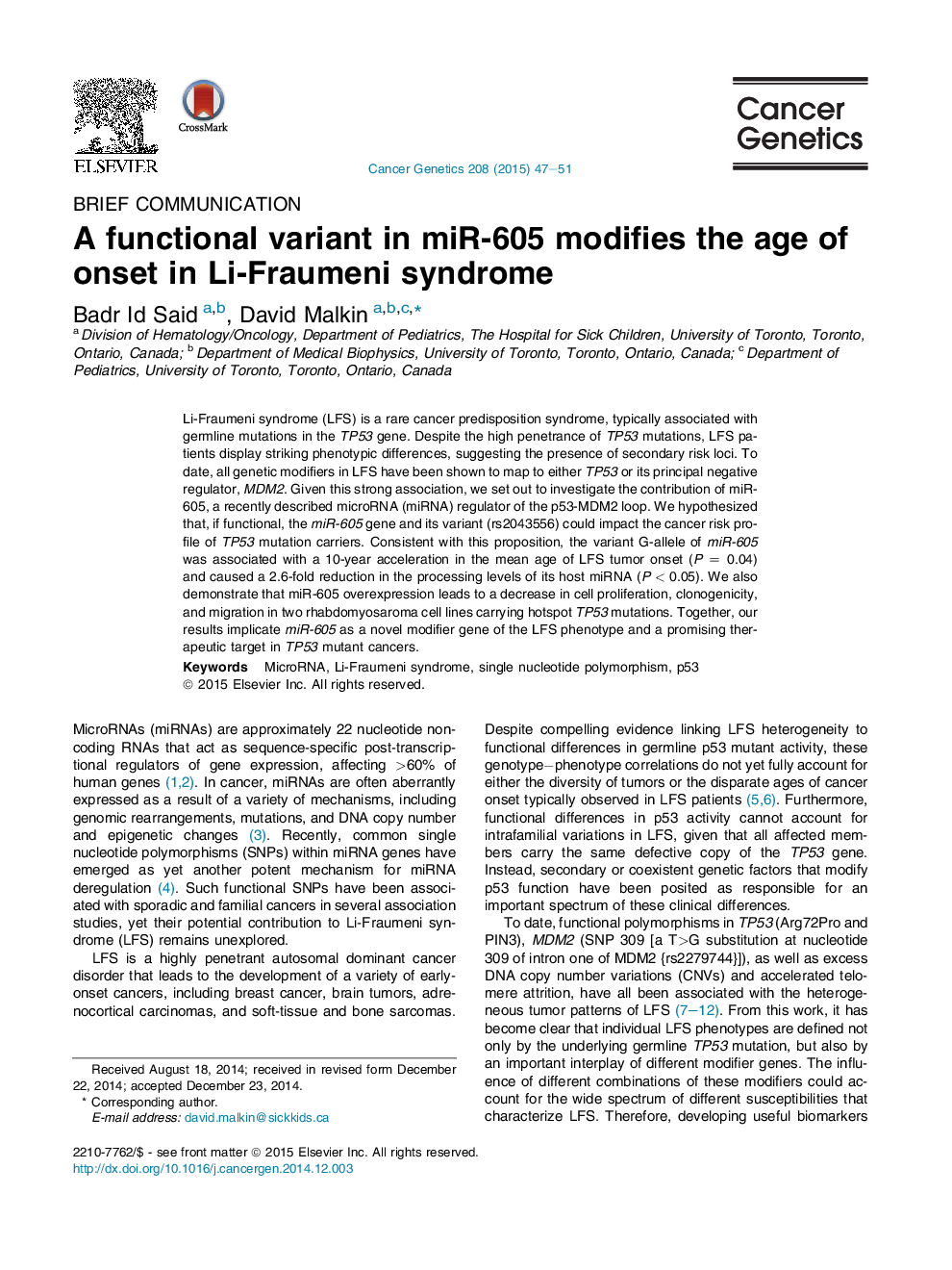 A functional variant in miR-605 modifies the age of onset in Li-Fraumeni syndrome