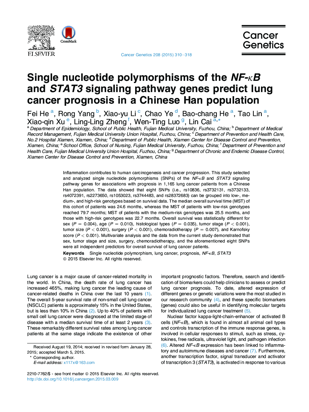 Single nucleotide polymorphisms of the NF-κB and STAT3 signaling pathway genes predict lung cancer prognosis in a Chinese Han population