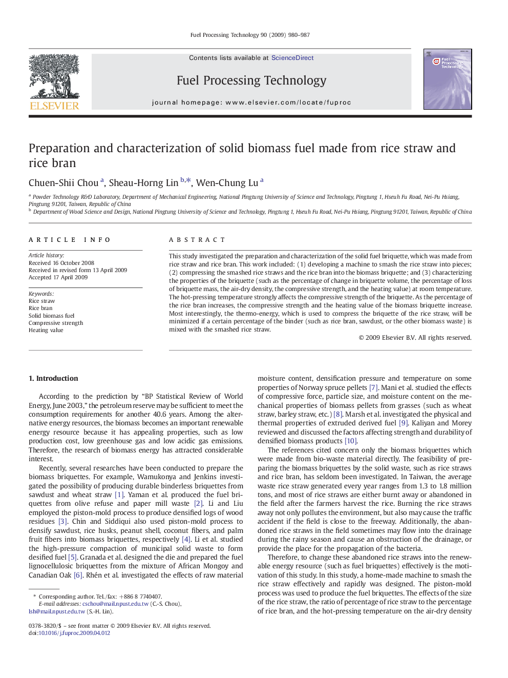 Preparation and characterization of solid biomass fuel made from rice straw and rice bran