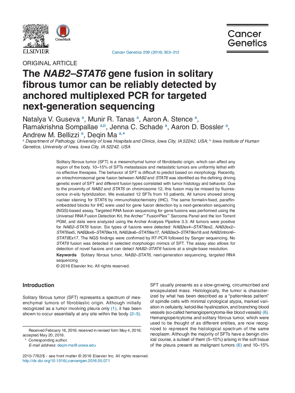 The NAB2–STAT6 gene fusion in solitary fibrous tumor can be reliably detected by anchored multiplexed PCR for targeted next-generation sequencing