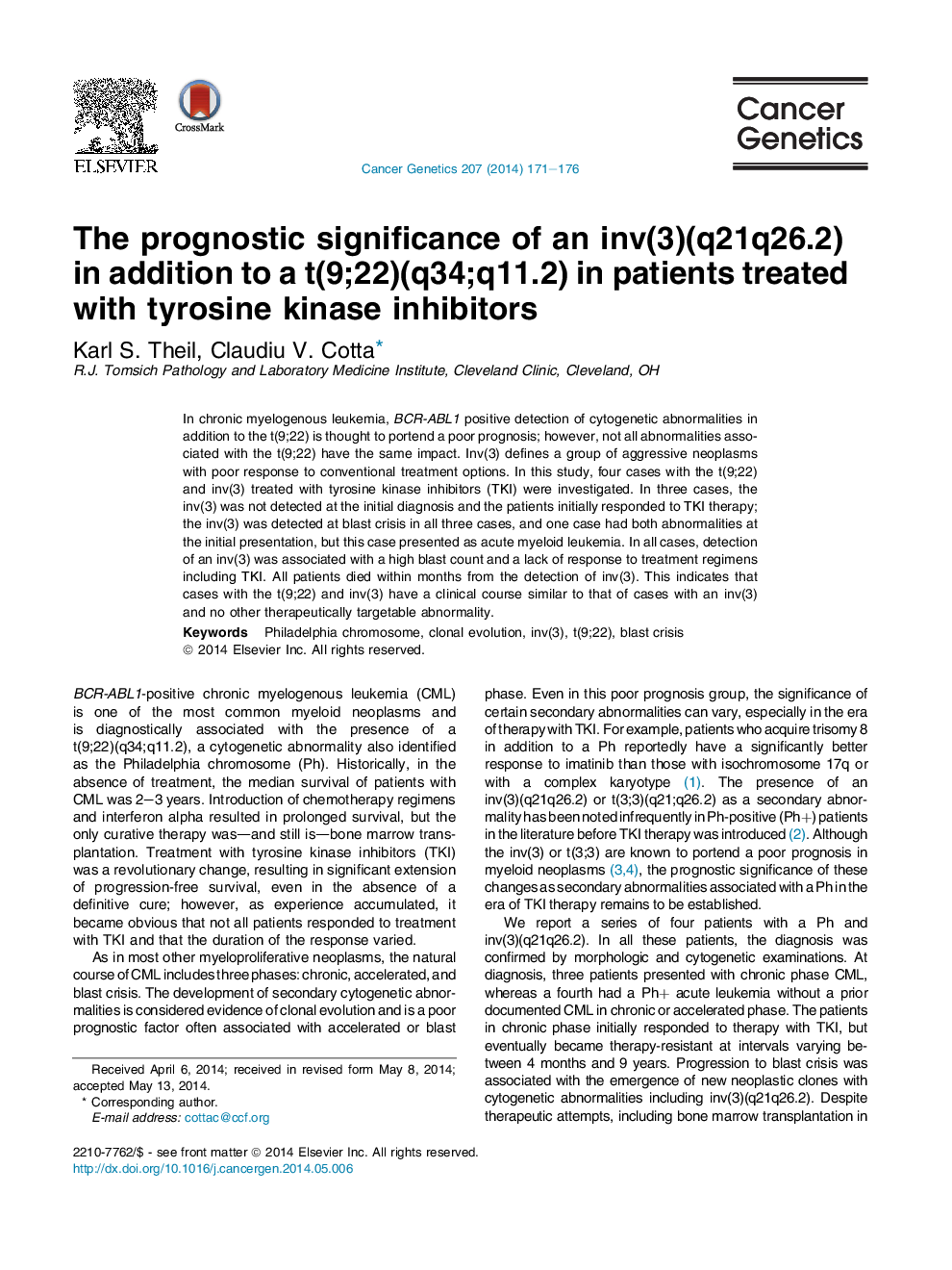 The prognostic significance of an inv(3)(q21q26.2) in addition to a t(9;22)(q34;q11.2) in patients treated with tyrosine kinase inhibitors