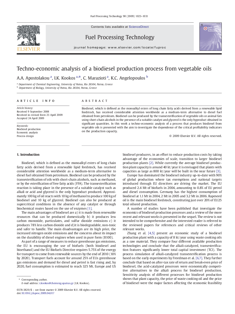 Techno-economic analysis of a biodiesel production process from vegetable oils