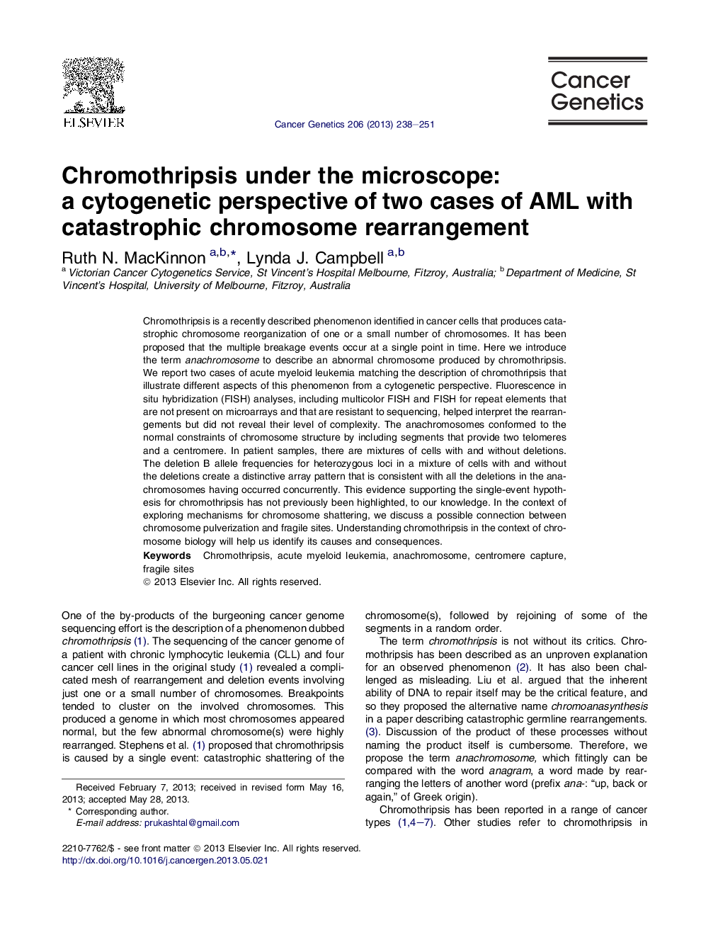 Chromothripsis under the microscope: a cytogenetic perspective of two cases of AML with catastrophic chromosome rearrangement