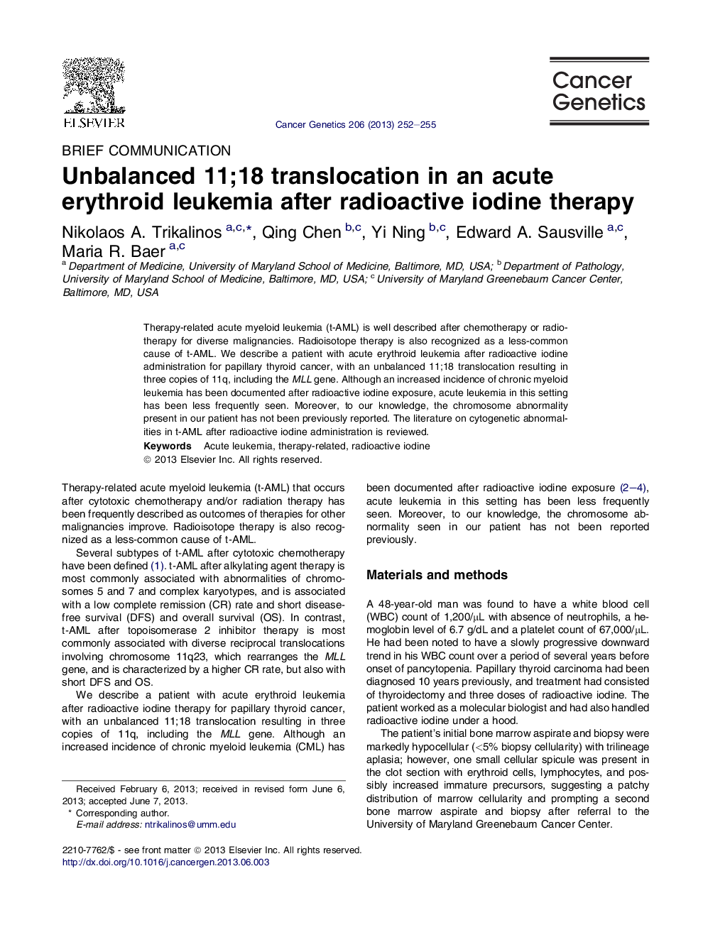 Unbalanced 11;18 translocation in an acute erythroid leukemia after radioactive iodine therapy