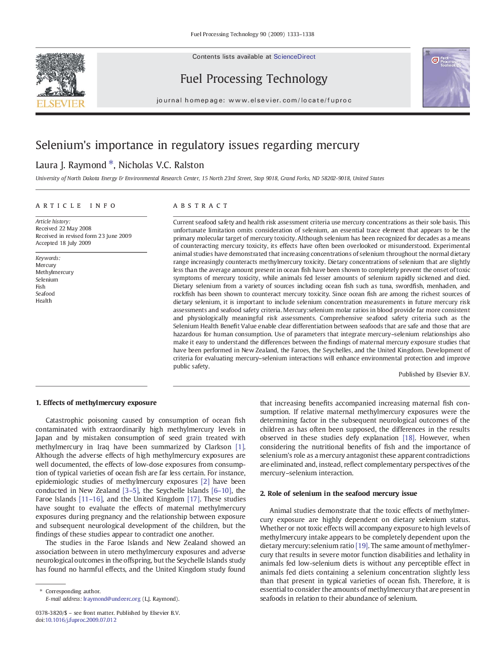 Selenium's importance in regulatory issues regarding mercury