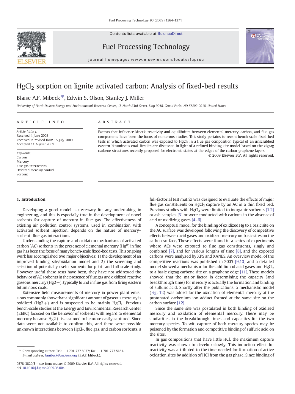 HgCl2 sorption on lignite activated carbon: Analysis of fixed-bed results