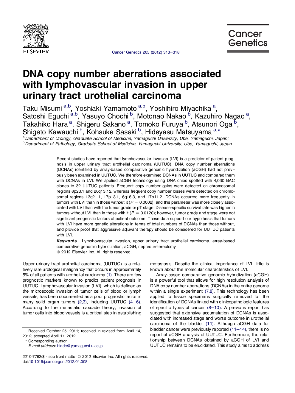 DNA copy number aberrations associated with lymphovascular invasion in upper urinary tract urothelial carcinoma