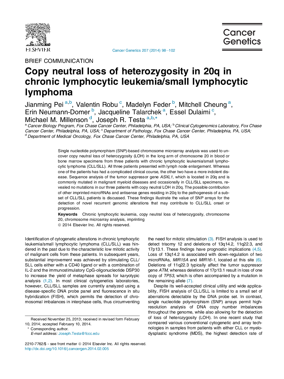 Copy neutral loss of heterozygosity in 20q in chronic lymphocytic leukemia/small lymphocytic lymphoma
