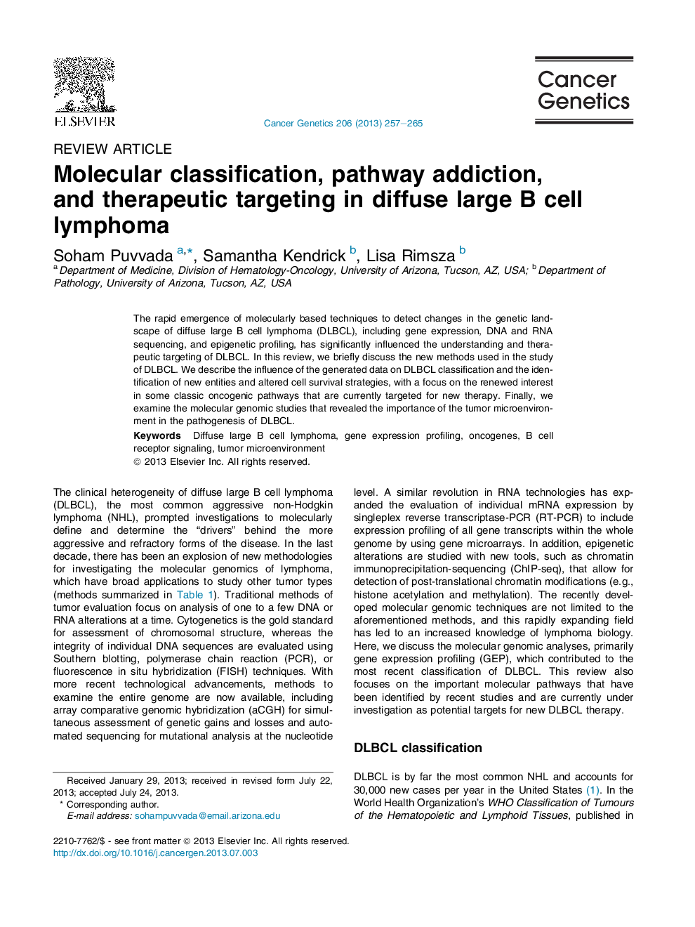 Molecular classification, pathway addiction, and therapeutic targeting in diffuse large B cell lymphoma