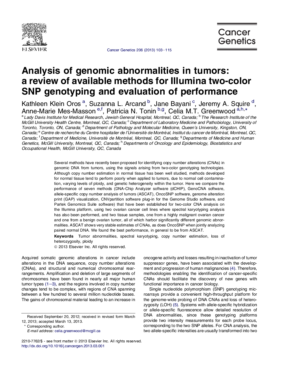 Analysis of genomic abnormalities in tumors: a review of available methods for Illumina two-color SNP genotyping and evaluation of performance