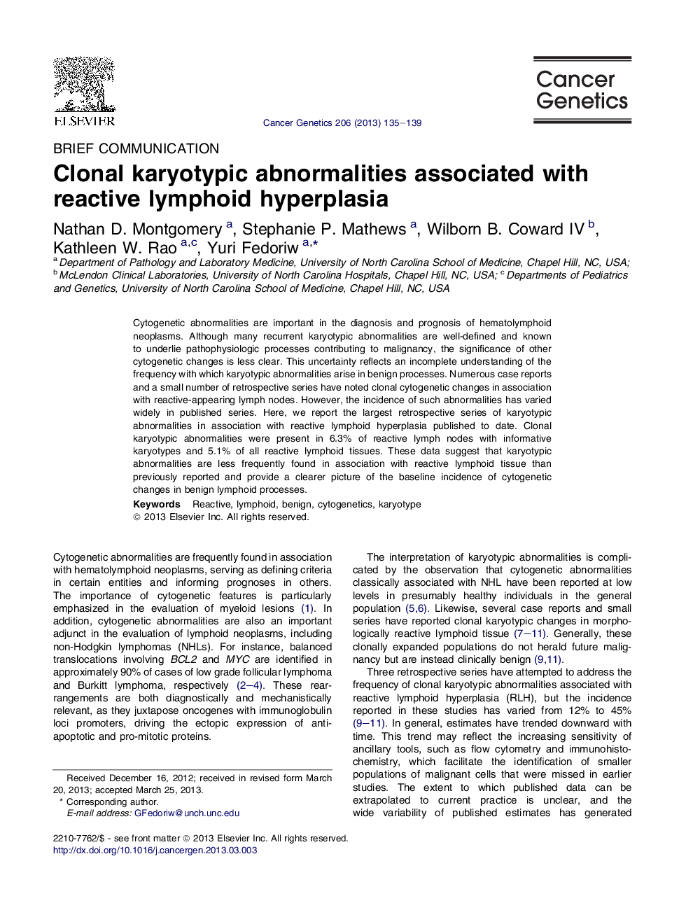 Clonal karyotypic abnormalities associated with reactive lymphoid hyperplasia