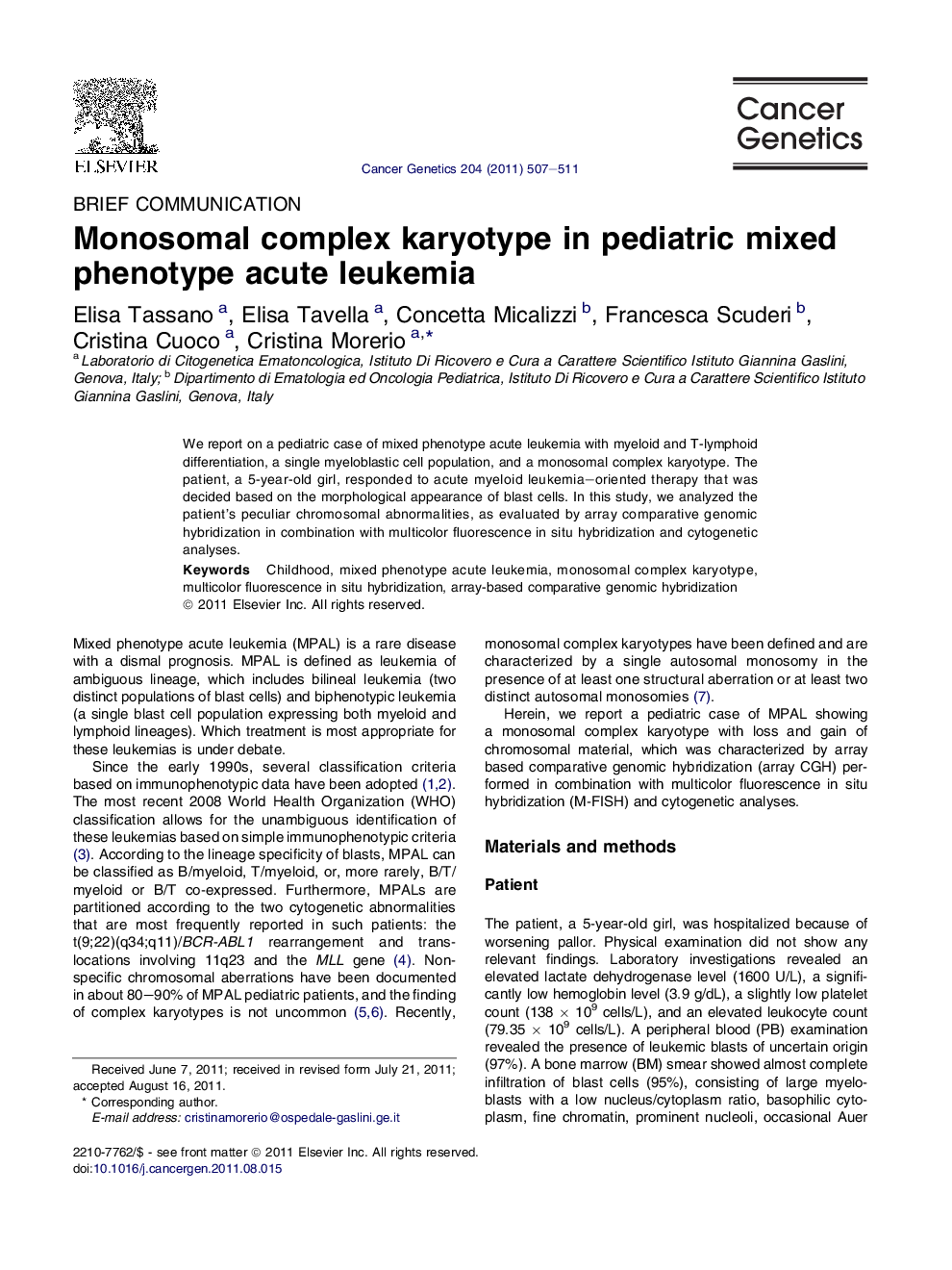 Monosomal complex karyotype in pediatric mixed phenotype acute leukemia