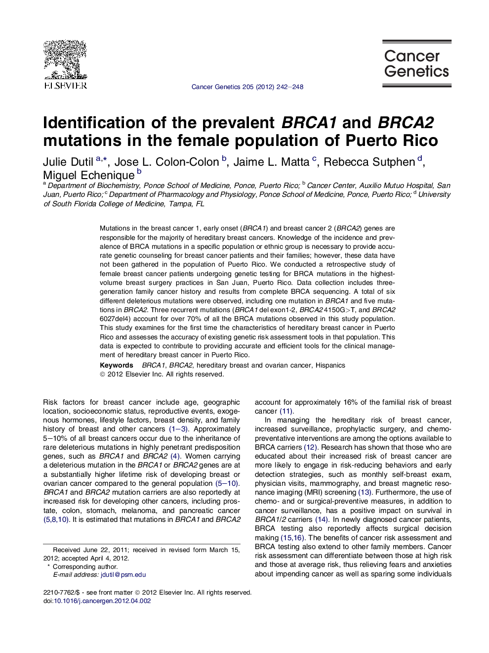 Identification of the prevalent BRCA1 and BRCA2 mutations in the female population of Puerto Rico