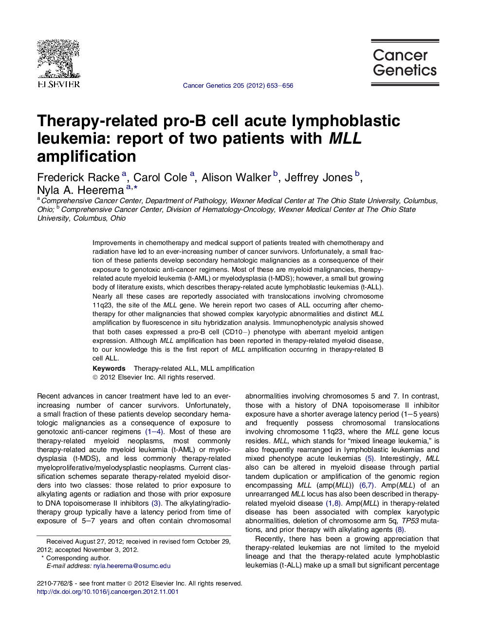 Therapy-related pro-B cell acute lymphoblastic leukemia: report of two patients with MLL amplification