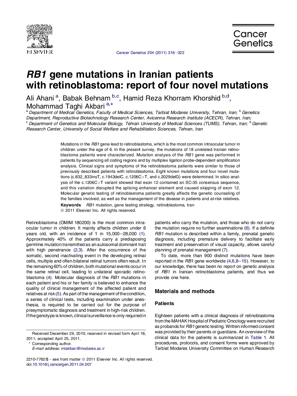 RB1 gene mutations in Iranian patients with retinoblastoma: report of four novel mutations