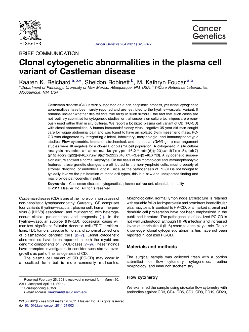 Clonal cytogenetic abnormalities in the plasma cell variant of Castleman disease