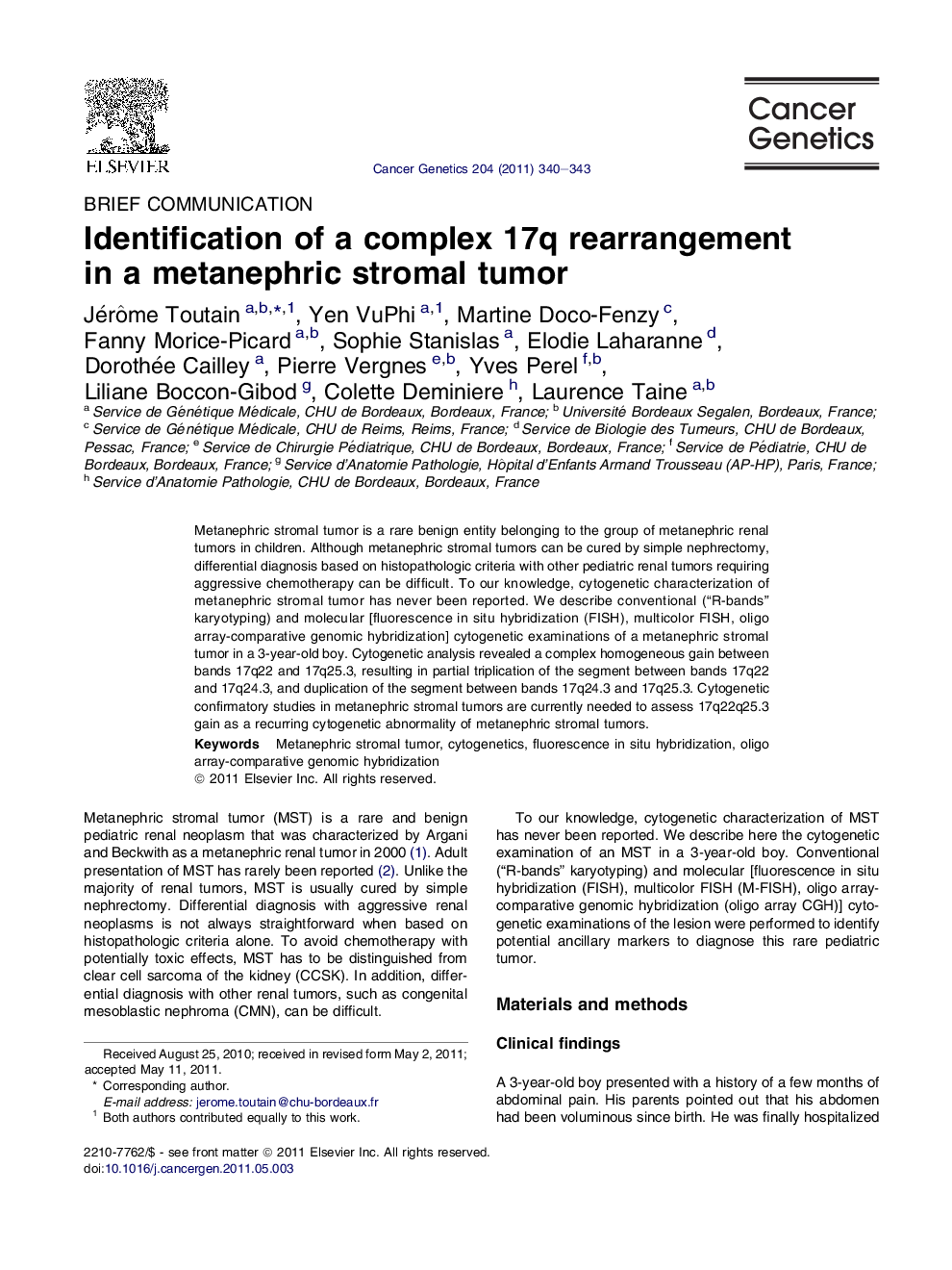 Identification of a complex 17q rearrangement in a metanephric stromal tumor