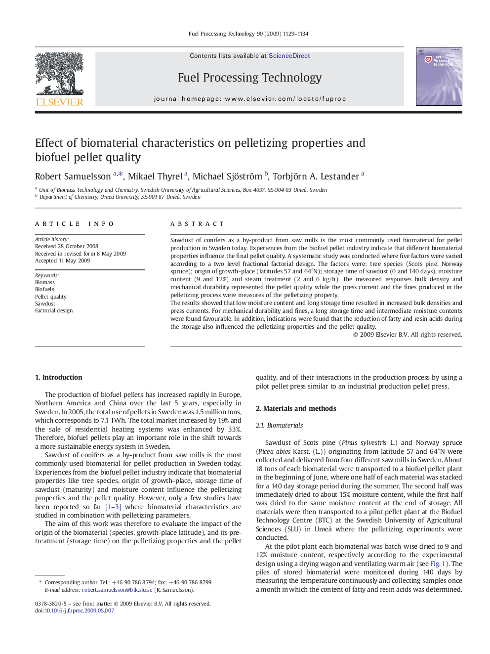 Effect of biomaterial characteristics on pelletizing properties and biofuel pellet quality