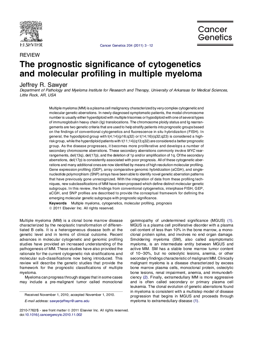 عکس صفحه اول مقاله: The prognostic significance of cytogenetics and molecular profiling in multiple myeloma The prognostic significance of cytogenetics and molecular profiling in multiple myeloma