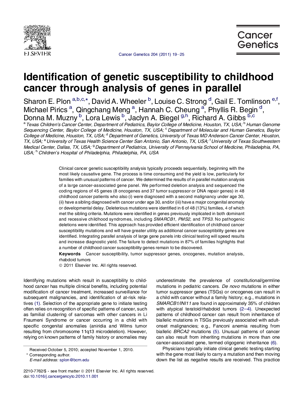 Identification of genetic susceptibility to childhood cancer through analysis of genes in parallel