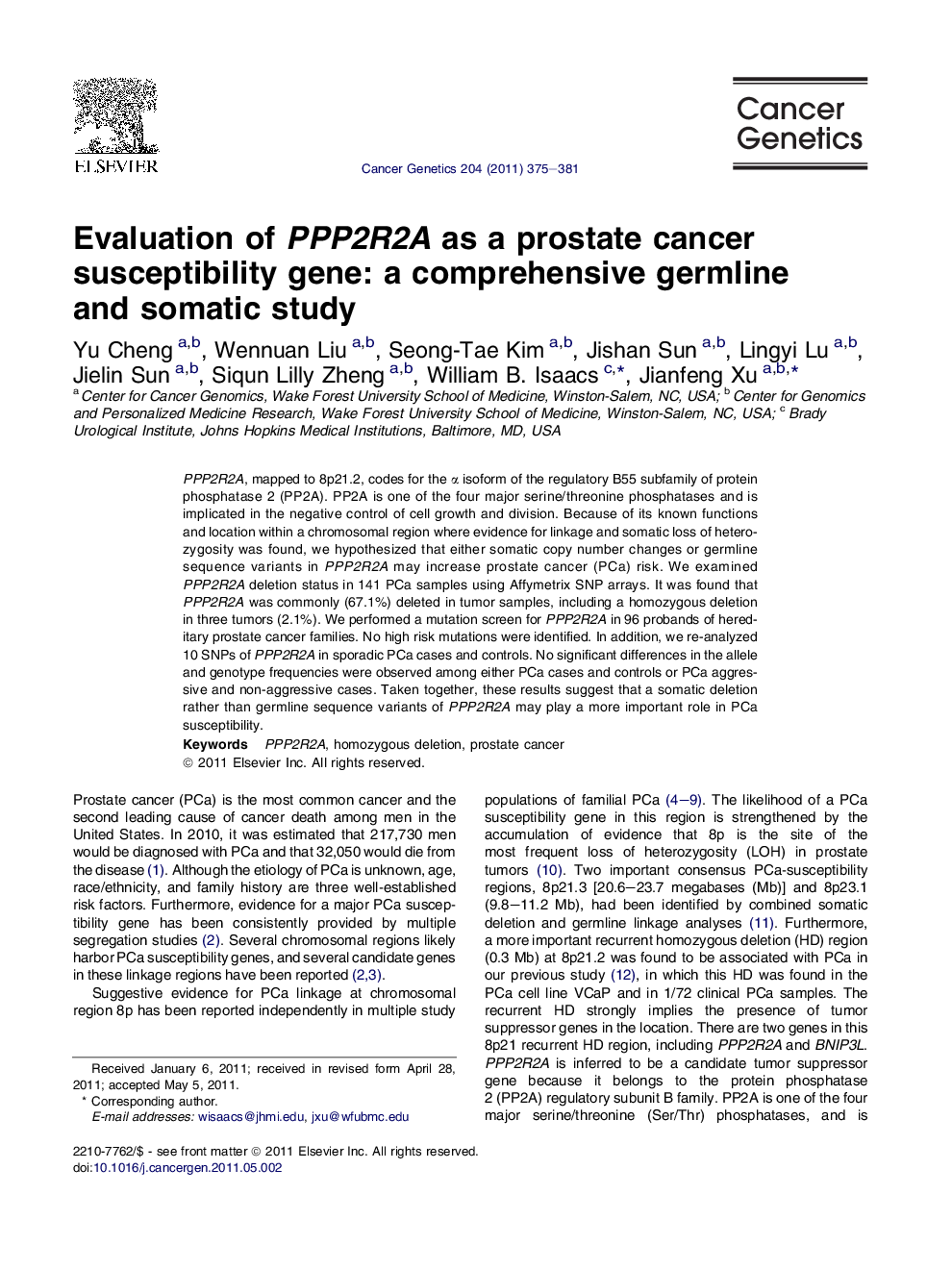 Evaluation of PPP2R2A as a prostate cancer susceptibility gene: a comprehensive germline and somatic study