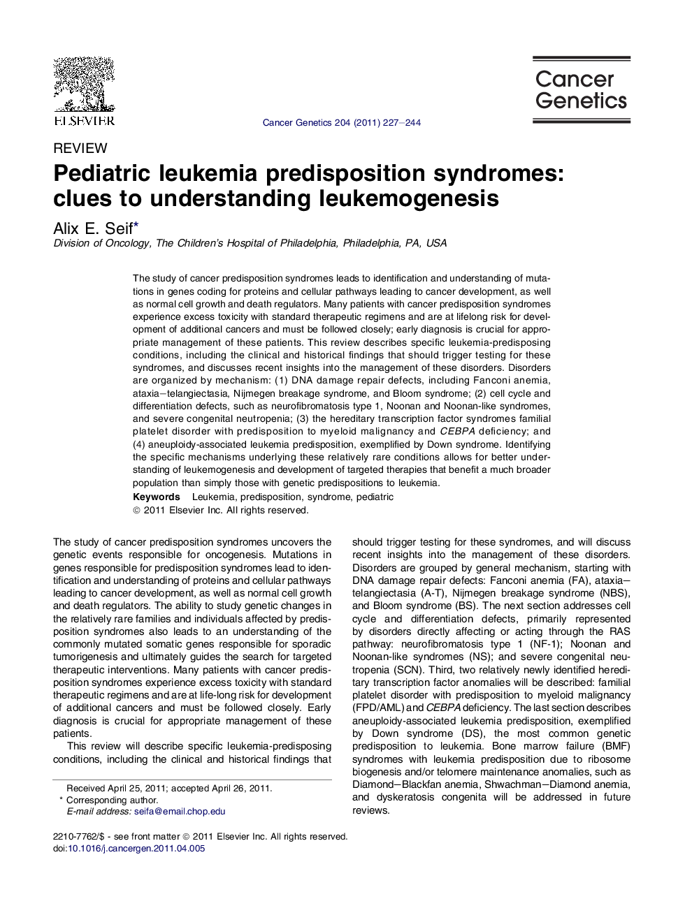 Pediatric leukemia predisposition syndromes: clues to understanding leukemogenesis