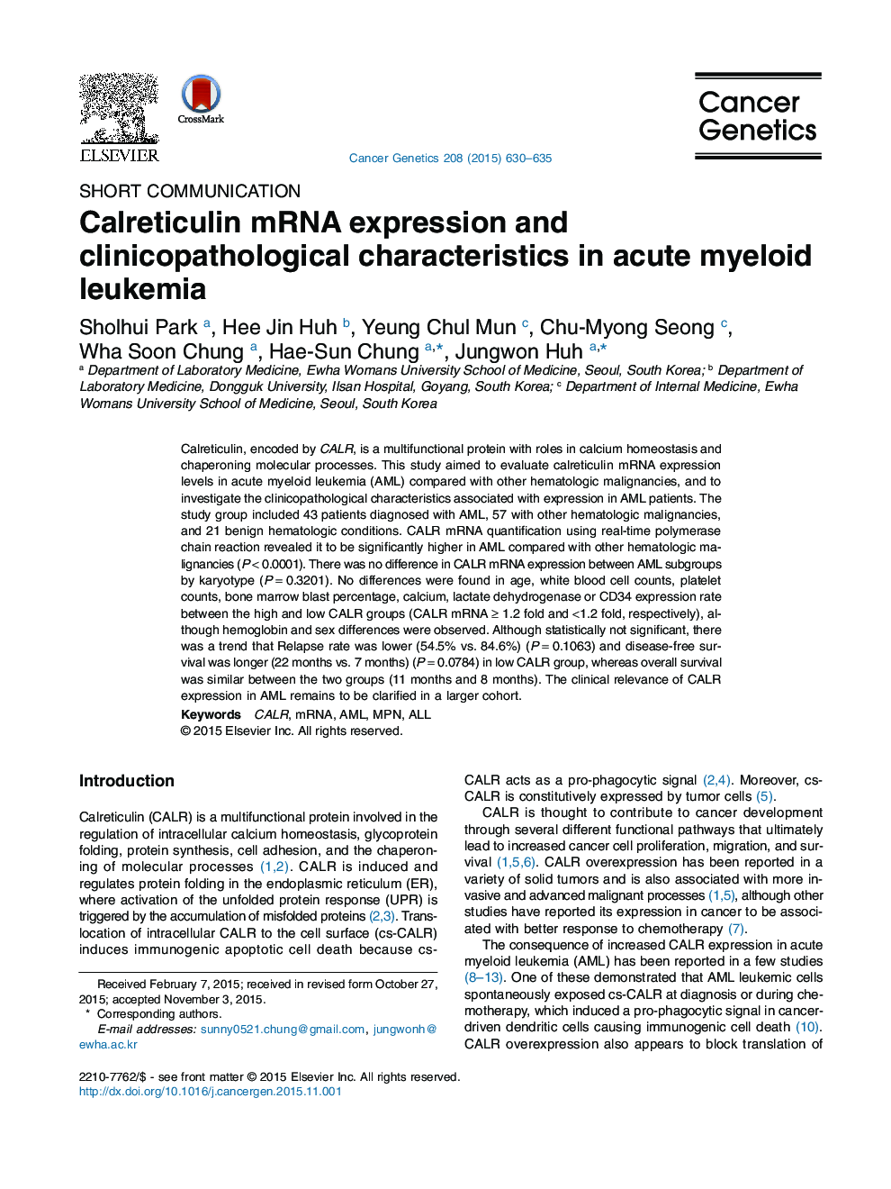 عکس صفحه اول مقاله: Calreticulin mRNA expression and clinicopathological characteristics in acute myeloid leukemia Calreticulin mRNA expression and clinicopathological characteristics in acute myeloid leukemia