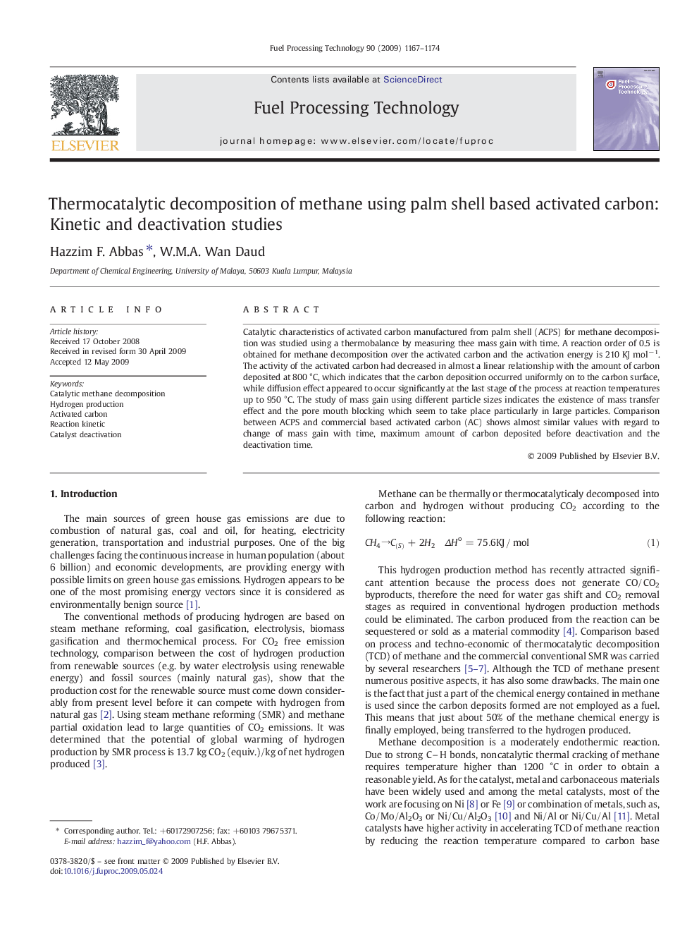 Thermocatalytic decomposition of methane using palm shell based activated carbon: Kinetic and deactivation studies