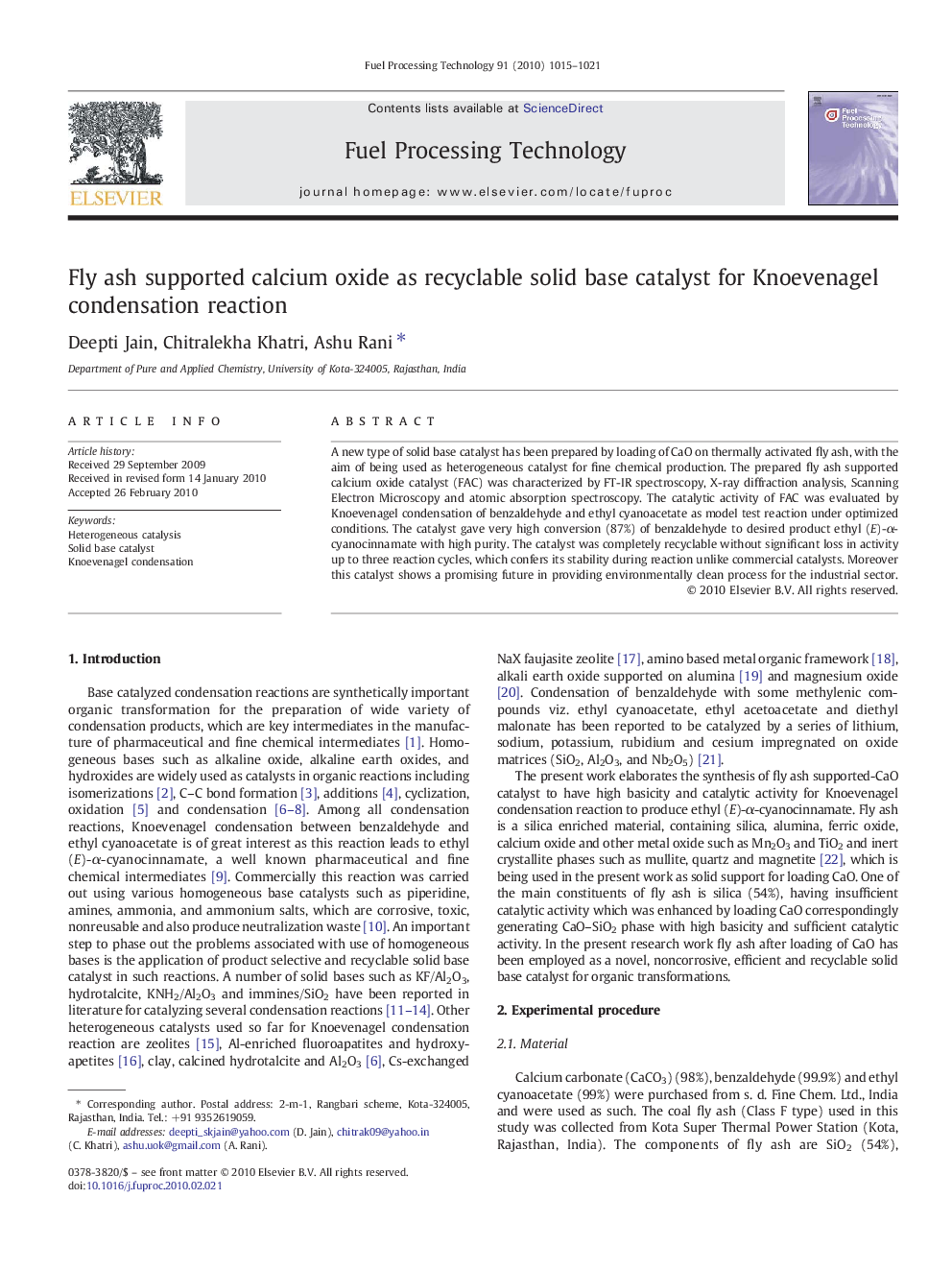 Fly ash supported calcium oxide as recyclable solid base catalyst for Knoevenagel condensation reaction